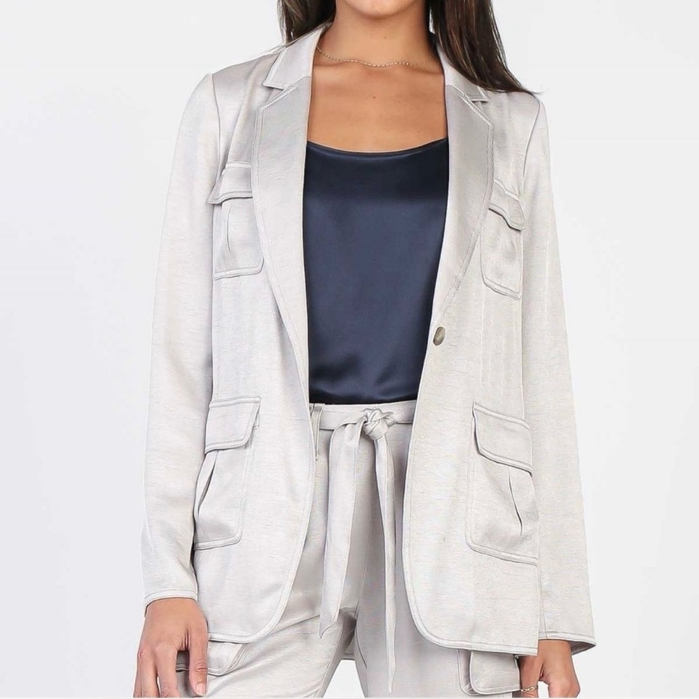 Anthropologie Current‎ Air Elerie Silver Knit Blazer Academia Timeless Elegant